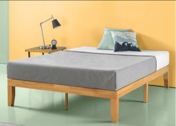Wood Platform Bed, Full Size, 14-inch Height, Tan Finish