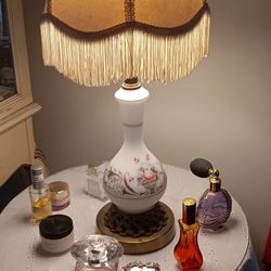 Antique Brass And Hand Painted Glass Lamp