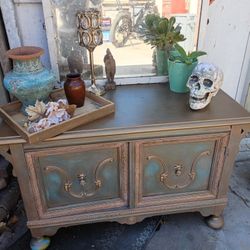 Vintage Painted Teal Blue ORNATE Gold Wash Carved Cabinet 
