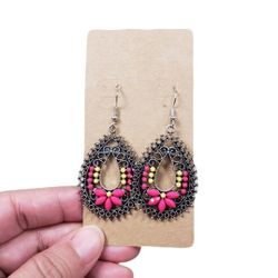 Silver Toned Drop Pink Yellow Accents Earrings