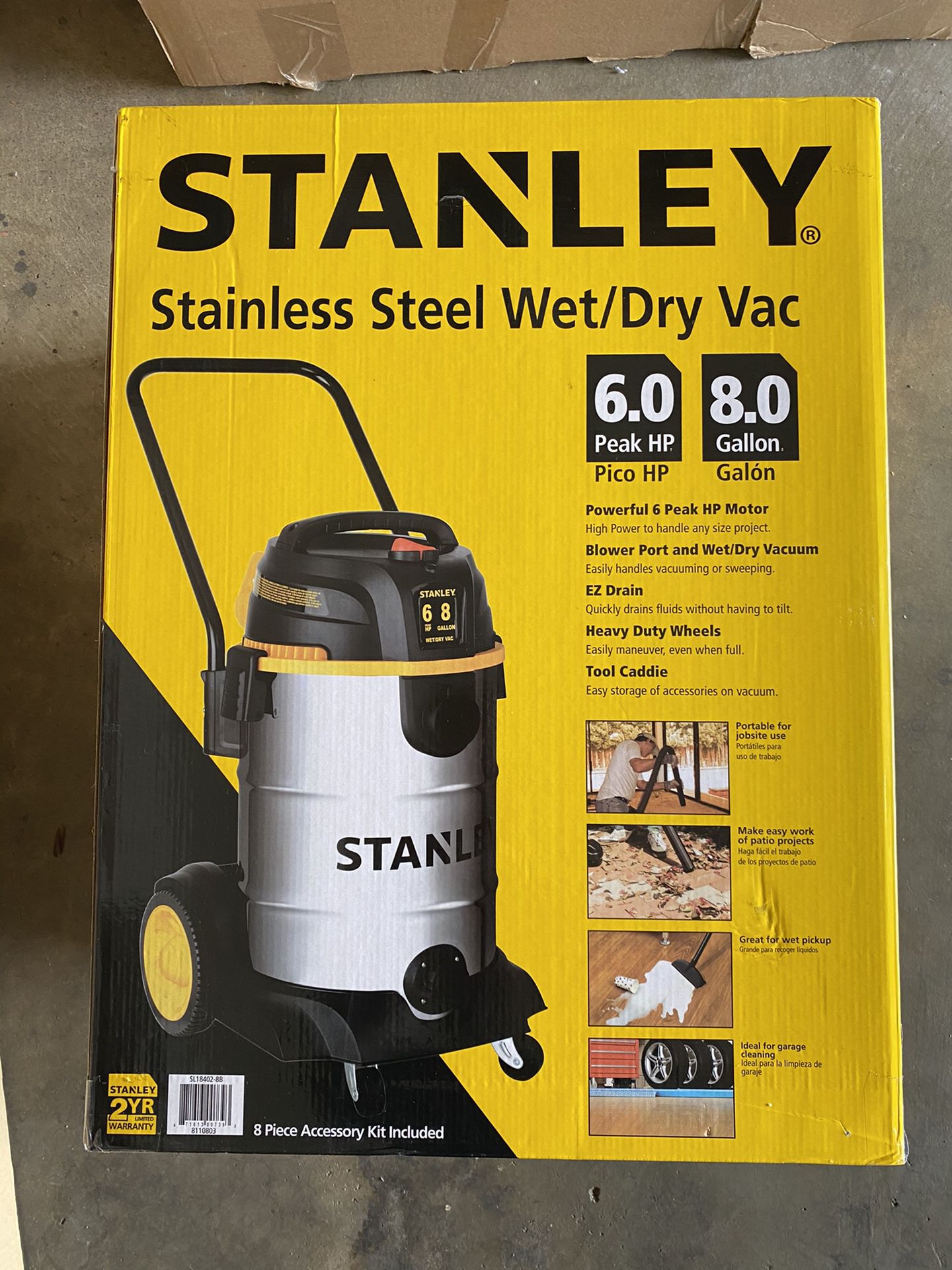 Stanley, 8 Gallon 6.0 Peak HP Stainless Steel Wet Dry Vac