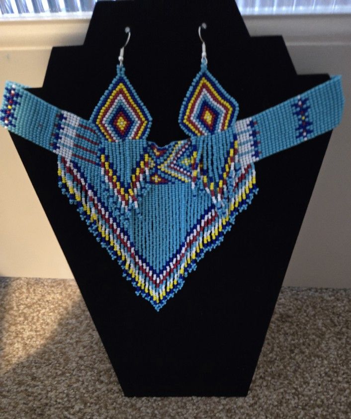 Cyan Blue Beaded Chocker Necklace And Earrings Set