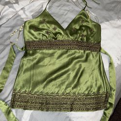 Arden B LUXE (NWT) Boho Halter Top Stunning Satin Green Size L Beaded Blouses