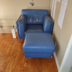 Blue Leather Chair With Ottoman And Coffee Table 
