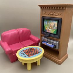 Vintage Fisher Price Loving Family Dollhouse Furniture Living Room TV Sofa Coffee Table Checkers