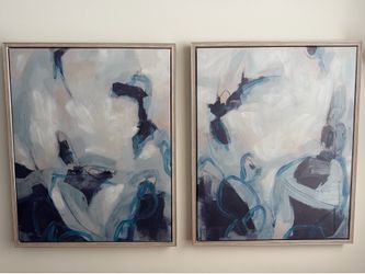 Two abstract Navy Blue and White Paintings