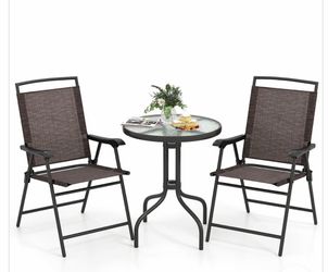 3 PCS Patio Bistro Set, 2 Folding Chairs and Round Table with 1.57” Umbrella Hole