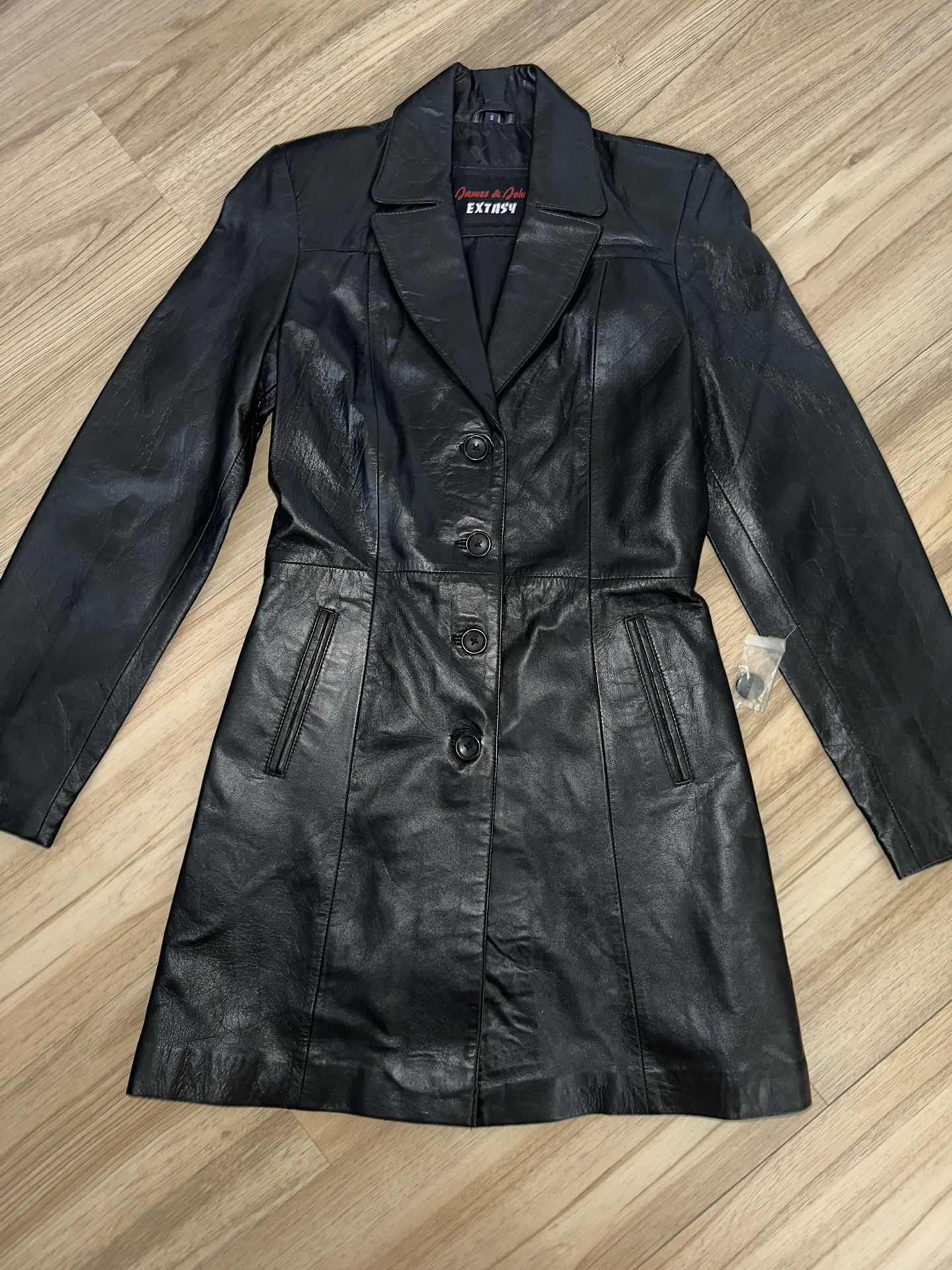 James & John Exclusive Black Leather Trench Coat – Women’s Small