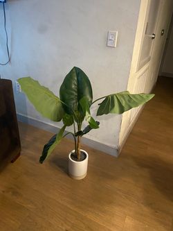 Faux Tropical Leaf Plant in White Pot
