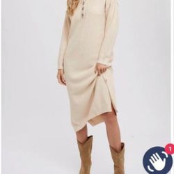 NEW Women Cream White Button Front Super Soft Cozy Waffle Knit Sweater Dress Size M