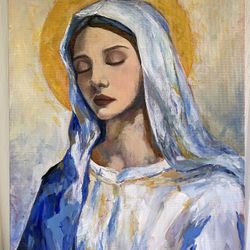 Virgin Mary painting , Acrylic on canvas panel , 12”x9”