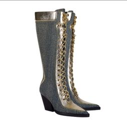 Denim and Gold Knee-High Lace-Up Boots
