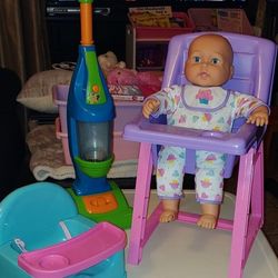 Baby Doll, Vacuum & Booster Chair (HIGH CHAIR SOLD)