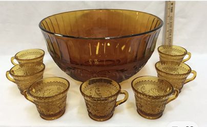 Tiara Amber Punch Bowl And Cups
