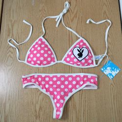New Womens Vintage Playboy 2Pc Polka Dot Thong Bikini Swimsuit Size XLarge 
