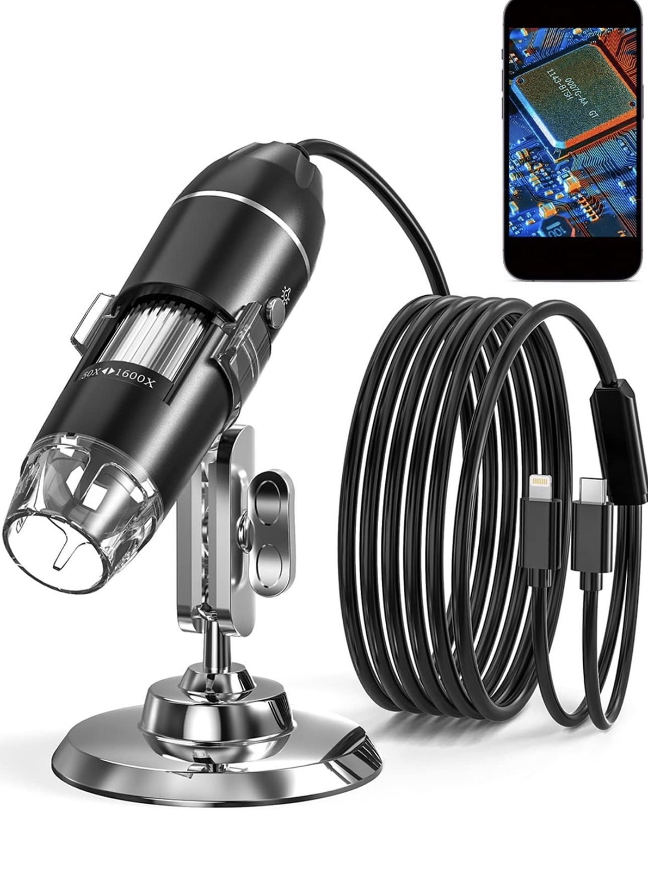 USB Digital Microscope, SKYEAR 50X-1600X Magnification Handheld Digital Microscope Compatible with iOS & Android Devices, Adjustable Stand, 8 LED Ligh