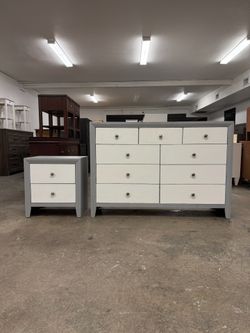 White & Gray Painted 9 Drawer Dresser & 1 Matching Nightstand