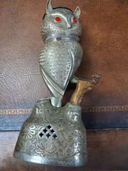 Vintage Metal Owl Figurine with Red Eyes