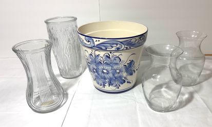 10” new ceramic plant pot & 4 vase