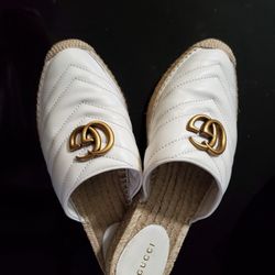 Gucci Marmont Leather espadrille mules with Double G, White, used 5 minutes Authentic 
