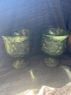 Pair Vintage EO Brody Co Green Goblet Candy Dish Bowl Vase Planter Crinkle Glass