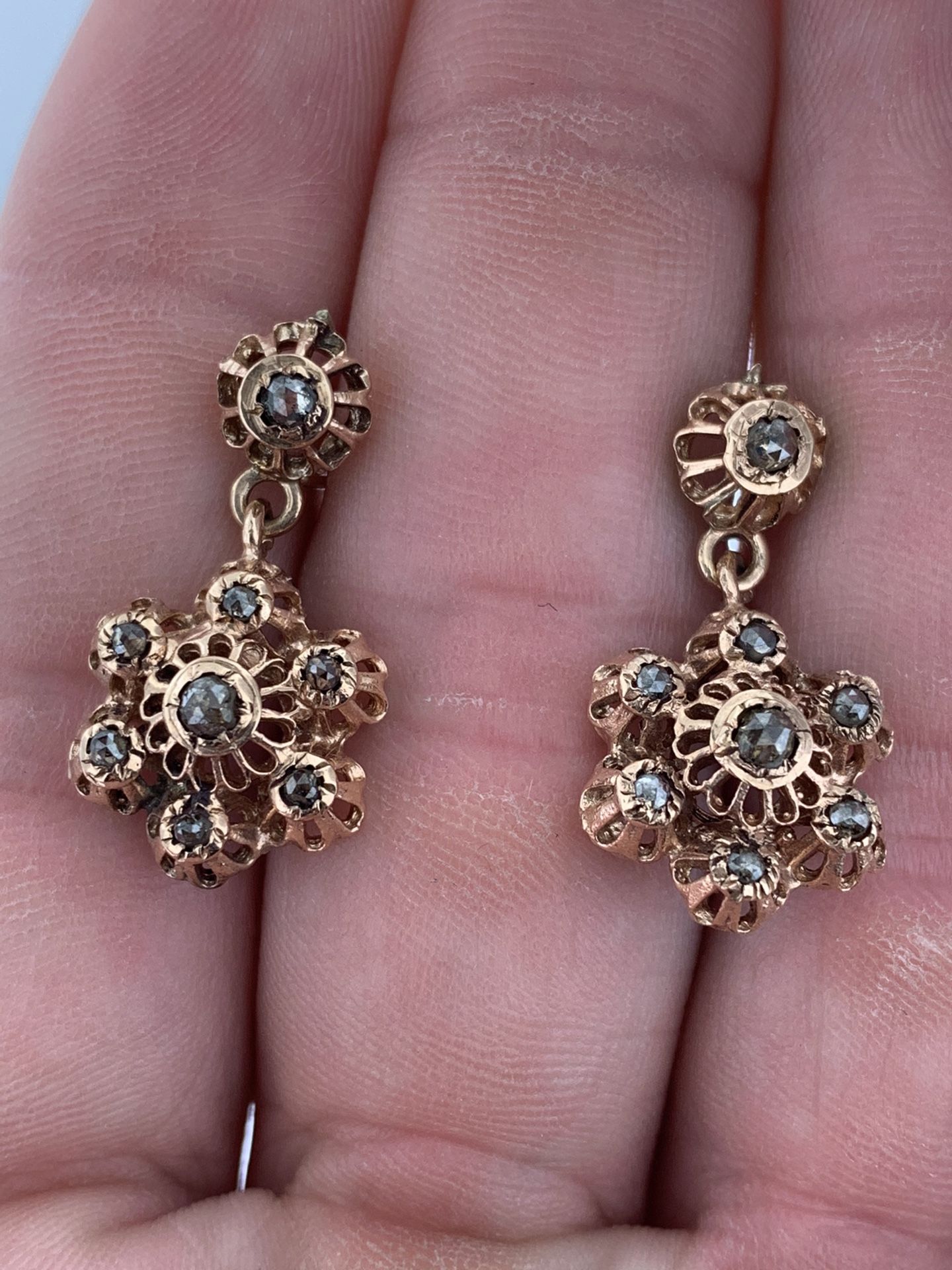 Vintage 9K Solid Rose Gold ART DECO ANTIQUE Rose Cut Diamonds EARRINGS~Portugal