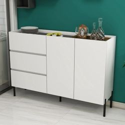 White Wooden Storage Buffet Cabinet, 2 Door 3 Drawer Modern Sideboard (55.12"W x 15.67"D x 31.5"H)