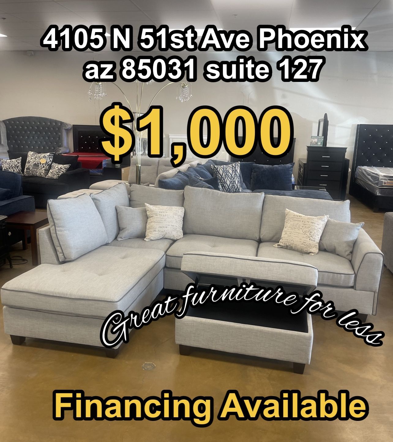 Sectional With Ottoman Grey Fabric Brand New