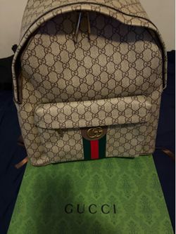 Gucci GG Logo Stripe Accent Beige Brown Green Red Designer Backpack