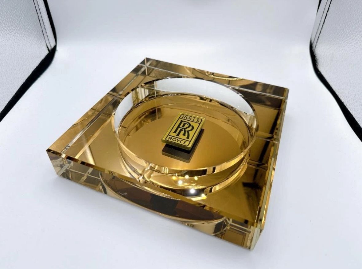 Rolls Royce RR Logo Plate Crystal Glass Ashtray Gold