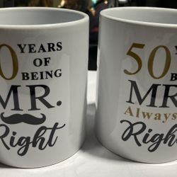50 Years of Being Mr Right & Mrs Always Right Mugs 50th Golden Anniversary