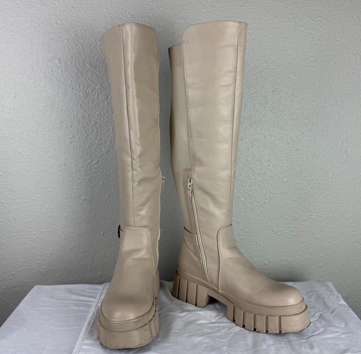 Beige Knee High Chunky Boots