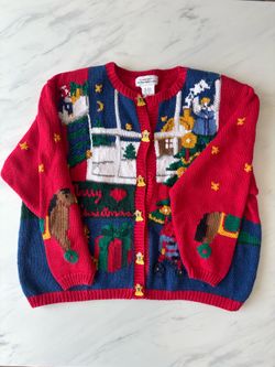 Vintage Alexandra Bartlett Eagle's Eye Christmas Sweater Cardigan 1X Teddy Bear