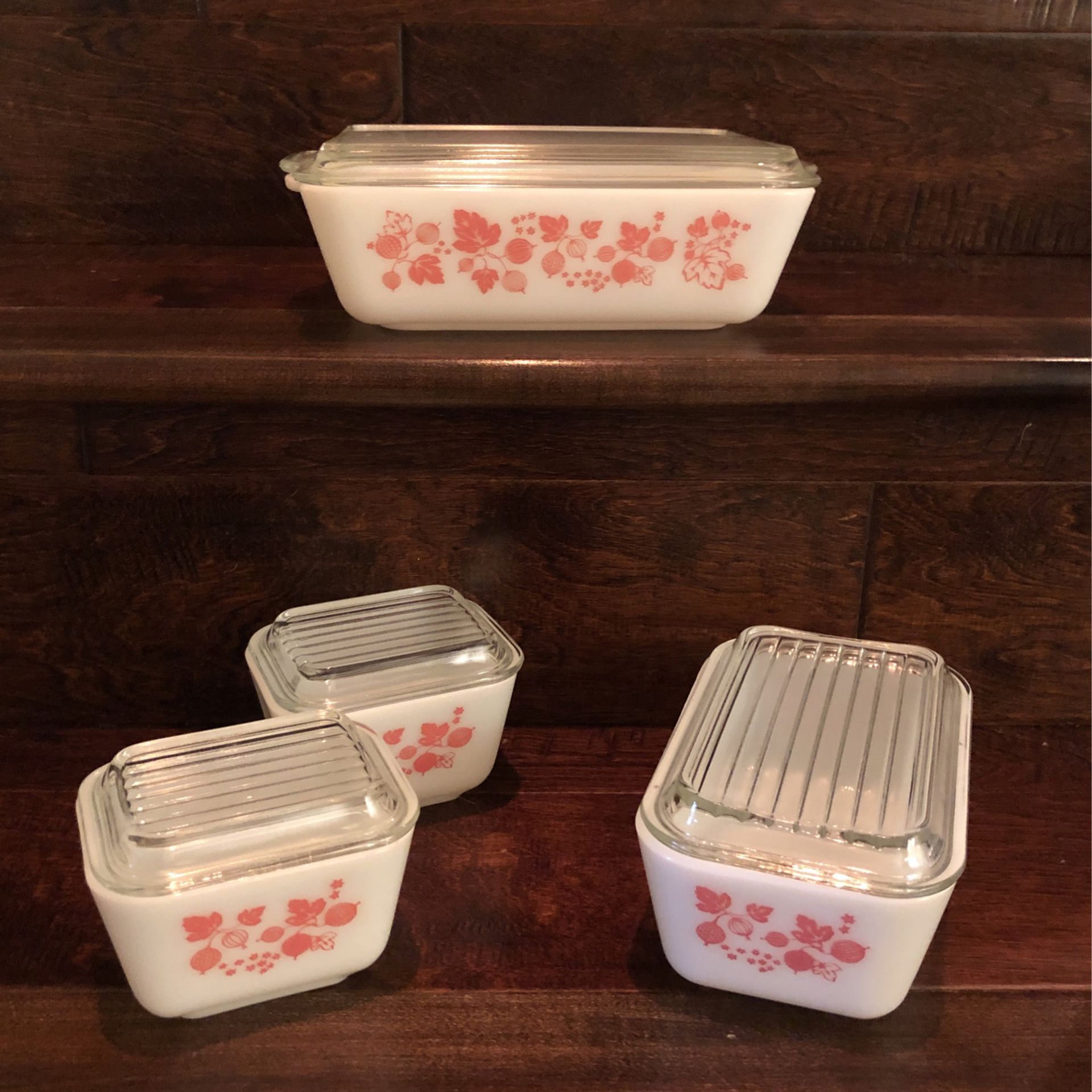 Vintage Pyrex Gooseberry Pink Refrigerator Complete 8 Piece “Fridgie” Set 501 502 503