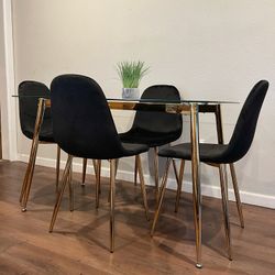 Black Gold Modern Velvet Glass Dining Set For 4