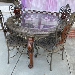 Gorgeous Round Iron/glass Dining Table With 4 Chairs 