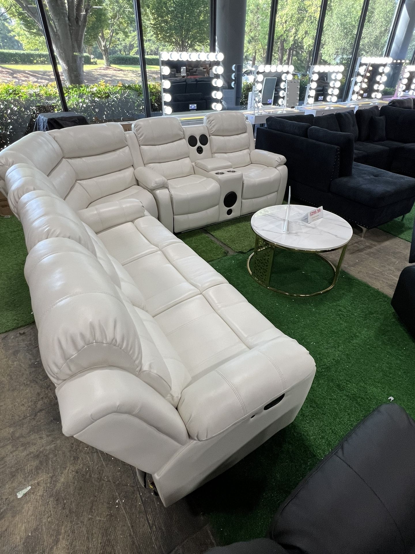 White Recliner Sectional With LED And Bluetooth Speaker