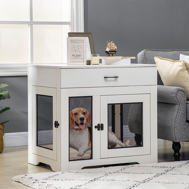 Dog Crate End Table, Multifunctional Pet Crate with Storage Drawer, Indoor Dual-Door Kennel for Small Dogs, White  