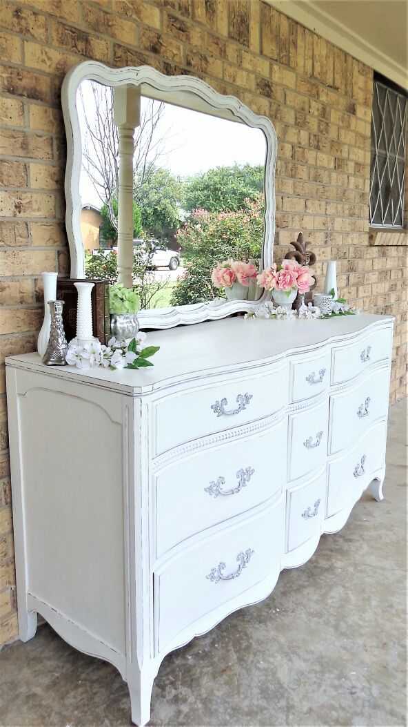 Drexel French Provincial Walnut Wood Dresser And Mirror Drexel French Provincial Walnut Wood Dresser And Mirror Country Cottage Shabby Chic Distressed White Circa1957