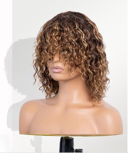 human wigs short water wave wig with bangs highlight 100% brazilian virgin human hair machine made glueless for black women 4/27