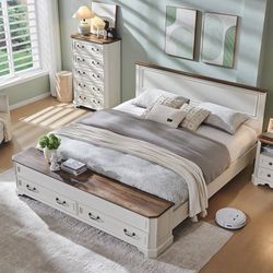 Farmhouse King Bed with Headboard and Storage Bench, Rustic Wood Platform Bed with 80" Storage Chest with 4 Large Storage Drawer 