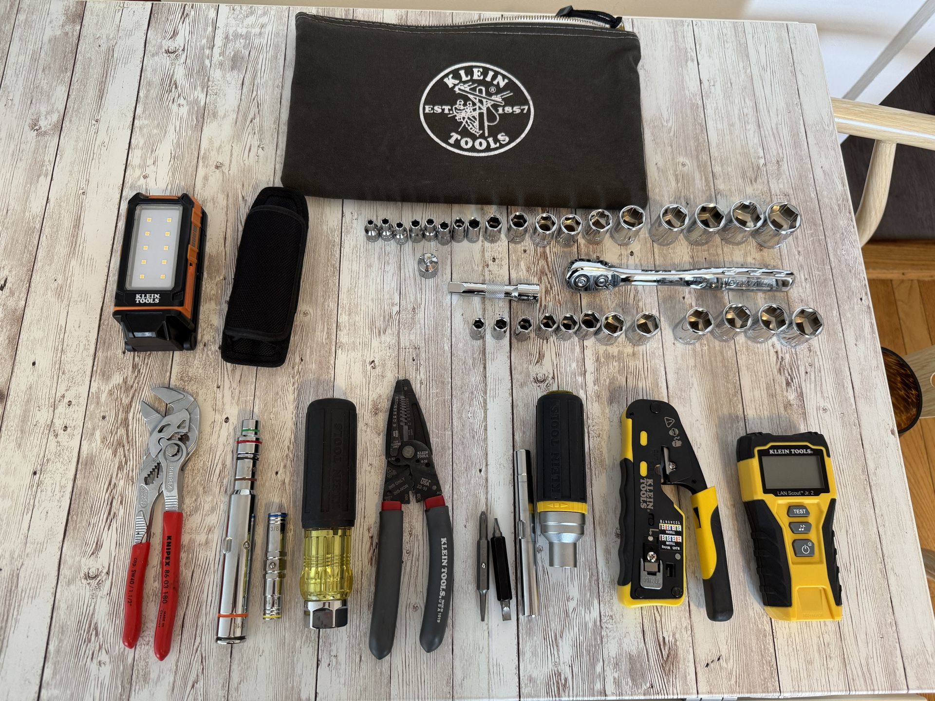 Tool Set: Klein, Knipex, DeWalt (excellent)