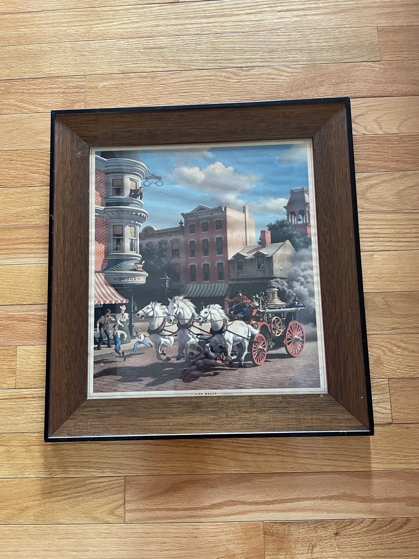 Vintage Paul Detlefsen Print Fire Wagon Mid Century Art American 13x14 Framed 16.5 X 18
