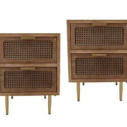 Rustic Farmhouse Woven Fronts Nightstand Set of 2, Storage End Table with 2 Drawers, Industrial Farmhouse Accent Furniture for Bedroom