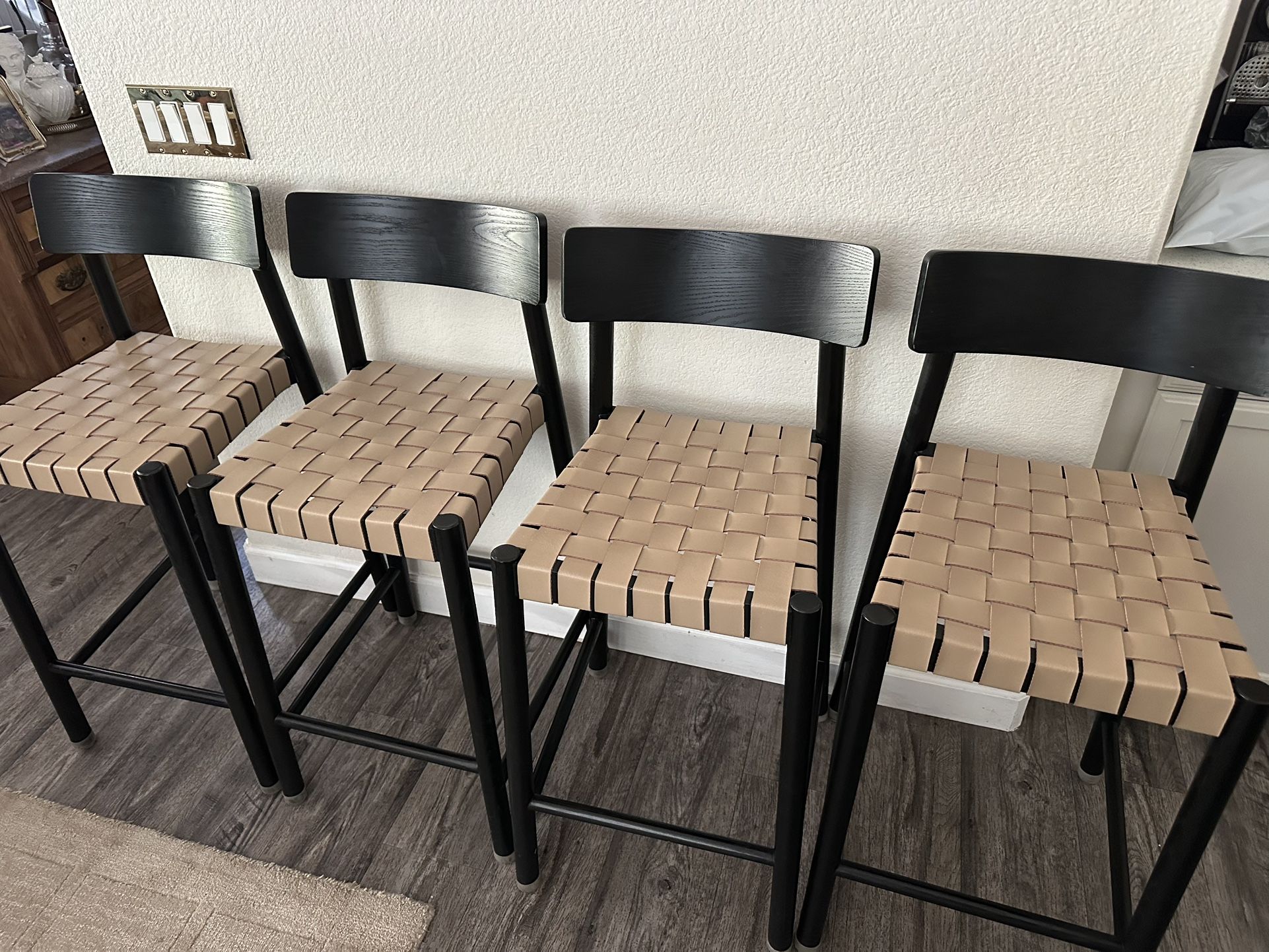 Set Of 4 Black Beige Nude Counter Bar Chairs Outdoor Indoor Weave Dining Chairs