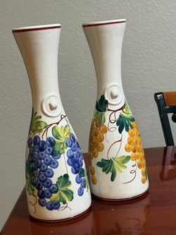 Vintage Vecchia Bassano Italian Majolica Vases Hand-Painted Grape Vine Set Italy