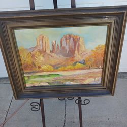 Vintage framed western mountains oil on canvas signed Ed. Y.