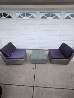 3 Pieces Pe Rattan Sectional Outdoor Furniture Cushioned Set Grey Wicker, Dark Grey Cushion