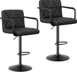 Bar Stools Set of 2, Seat Adjustable Height 25.5-34.5IN Barstools with Back & Arms,Swivel PU Leather