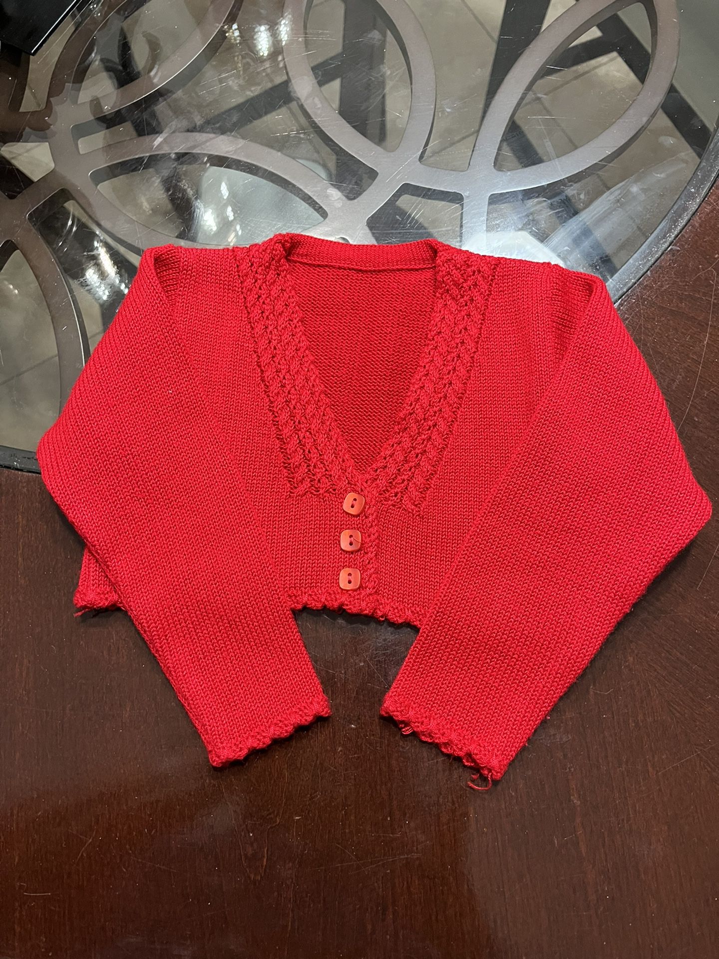 shrug knitted red, light sweater, size 24 months 